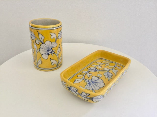 handmade ceramic pottery yellow floral soap dish with matching tumbler