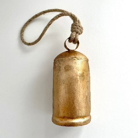 6 1/2" rustic tin bell with brass finish and wood striker