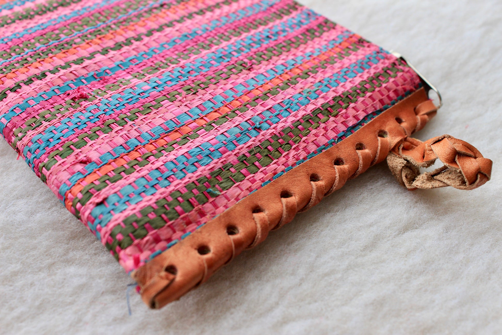 bright pink multi-colored raffia woven clutch with leather trim – fort ...