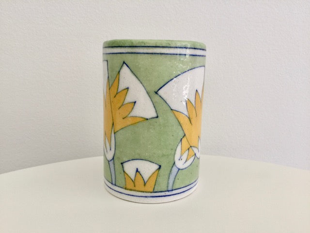 handmade ceramic pottery modern green floral tumbler toothbrush cup sponge holder 