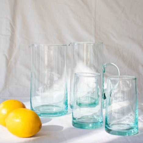 handblown clear turquoise glass moroccan tumblers drinking glasses with matching pitcher and jug