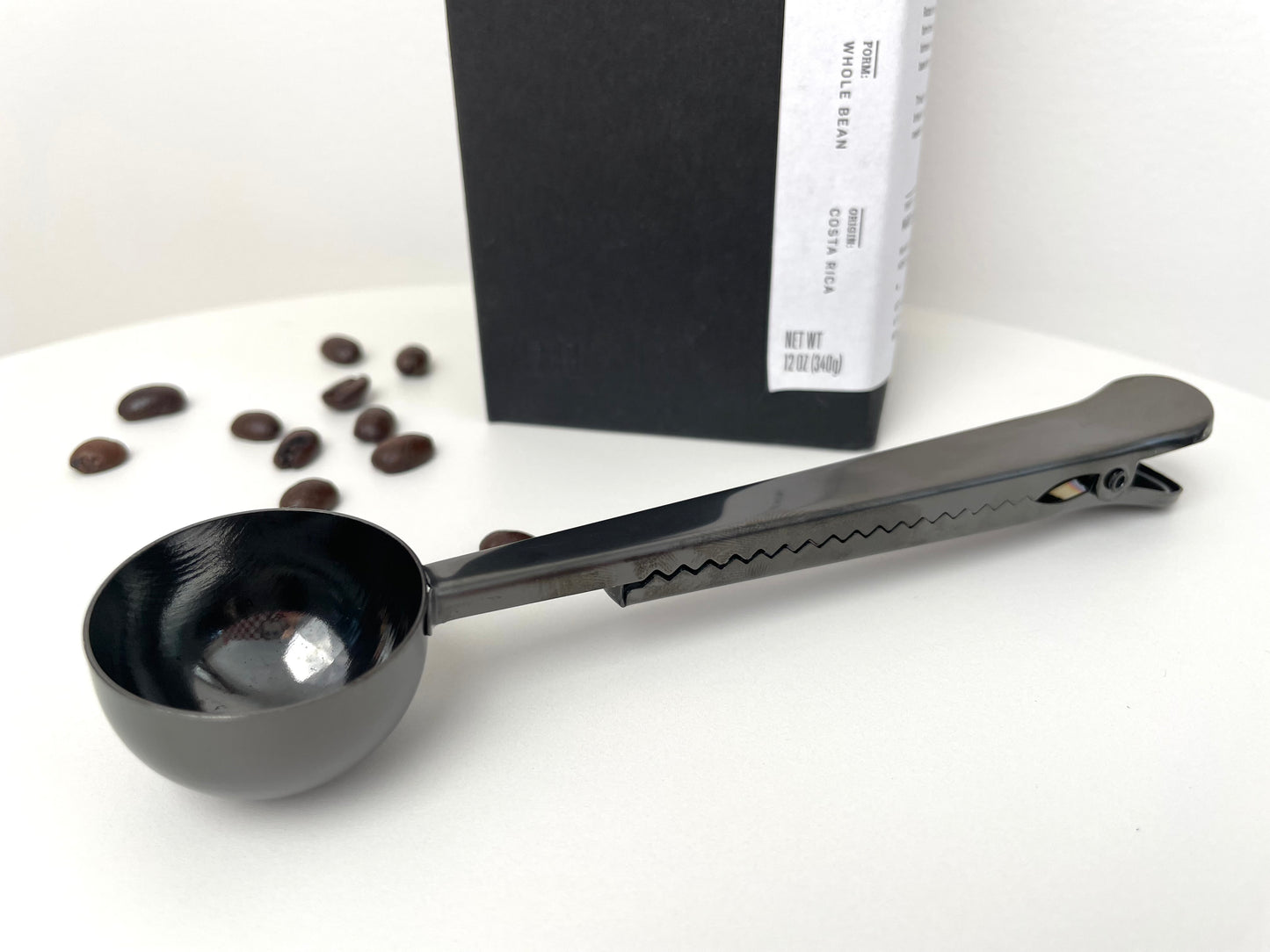 black stainless steel metal coffee scoop with clip 