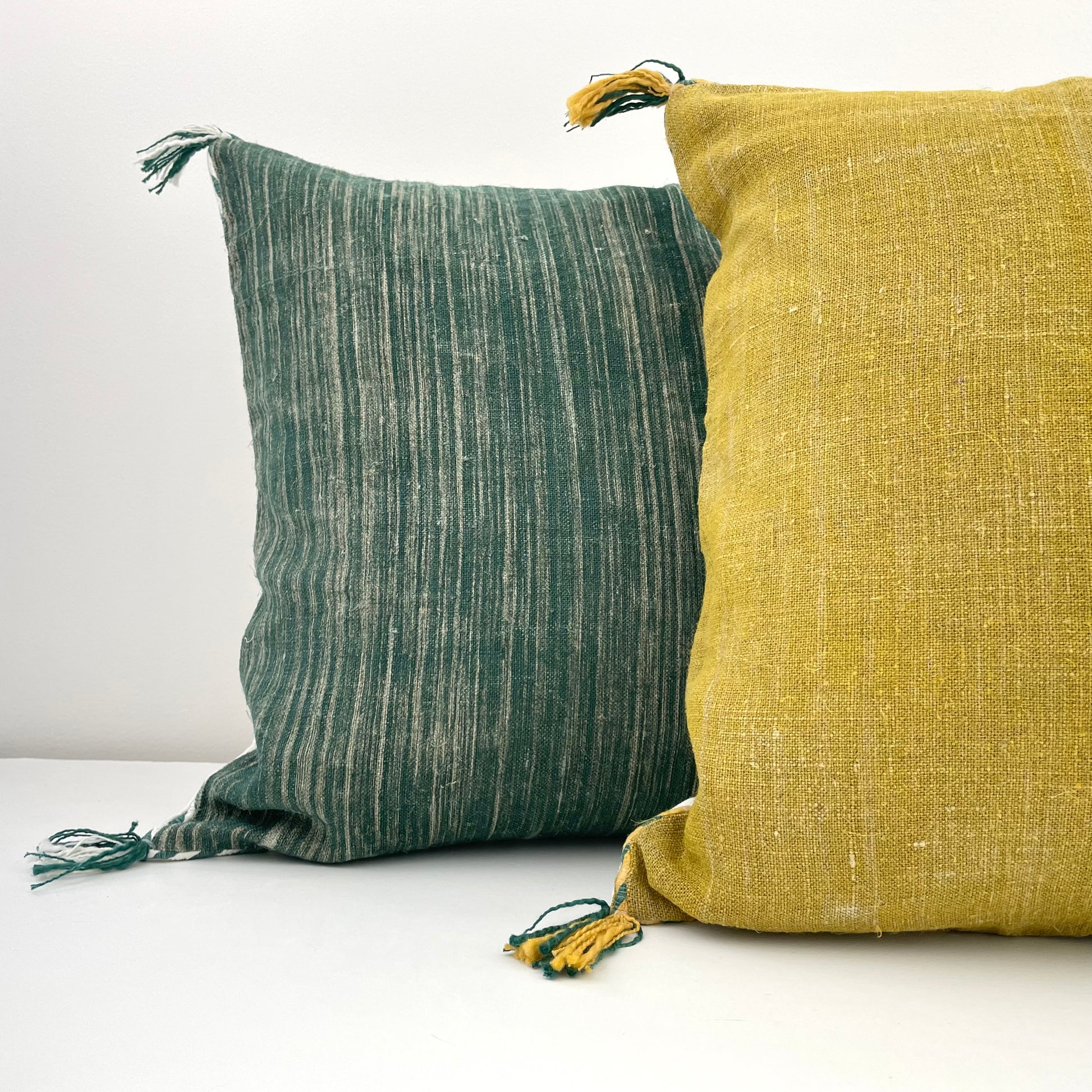 forest green and mustard linen 18x18 square pillow cover with striped edging and tassels