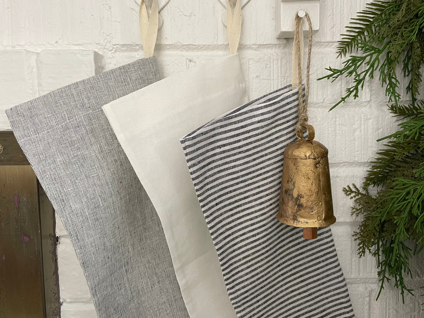handmade linen long scandinavian modern farmhouse Christmas stocking in black and white stripe, charocal grey, and ivory