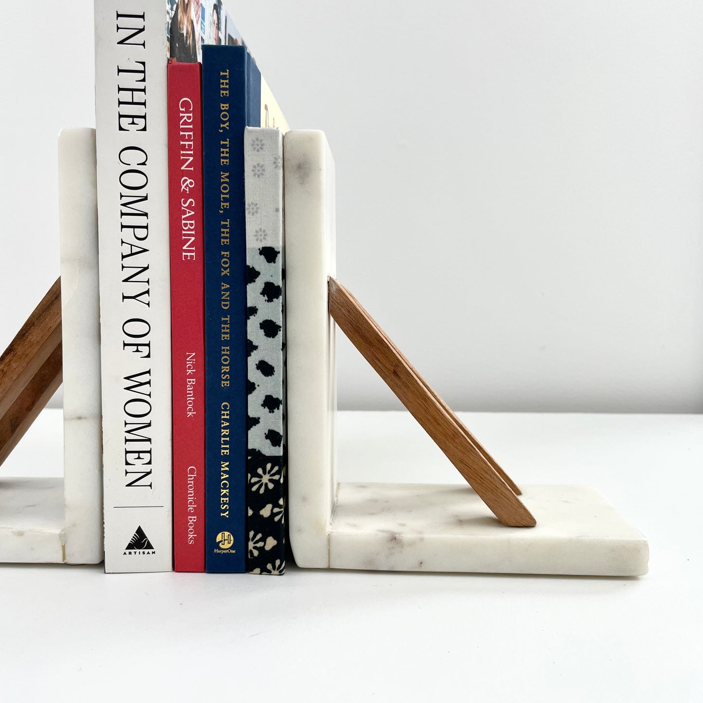 white marble and acacia wood minimal book ends