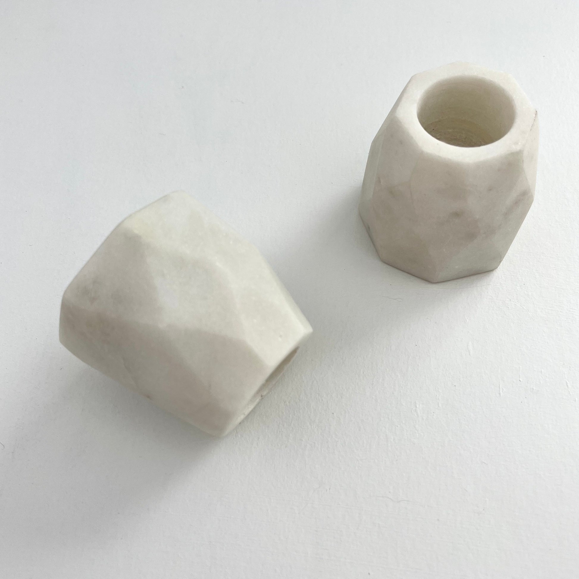 white stone hand turned geometric taper candle holders