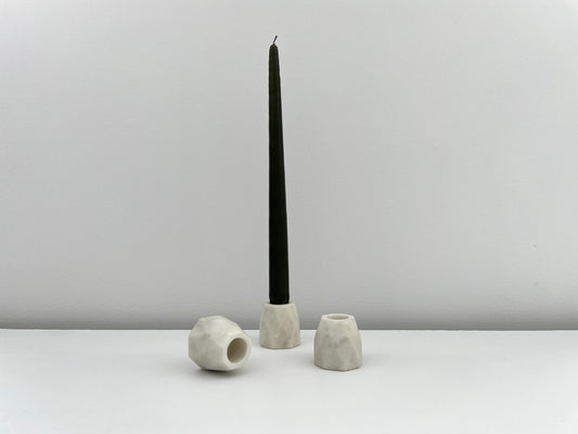 white stone hand turned geometric taper candle holders