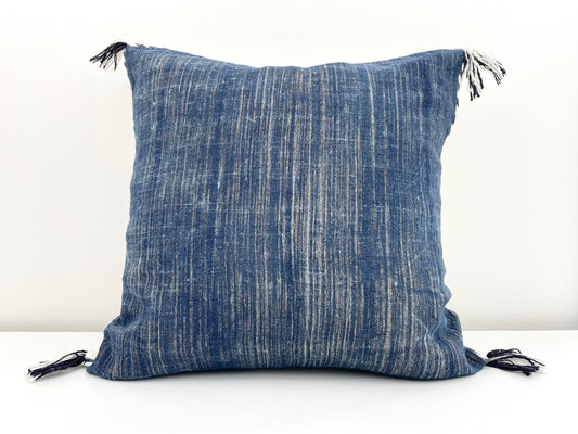navy blue linen 18x18 square pillow cover with striped edging and tassels