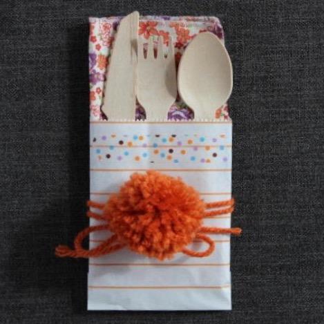 orange and white striped mini modern paper party bags with eco wooden cutlery inside