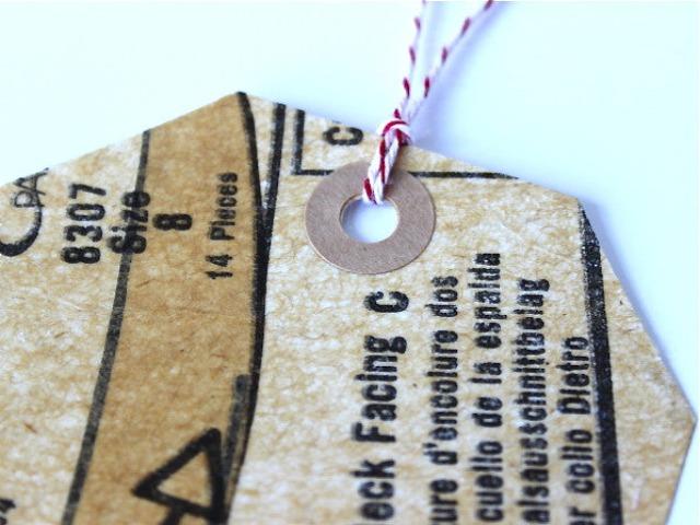 fashion pattern collaged gift tags with striped bakers twine