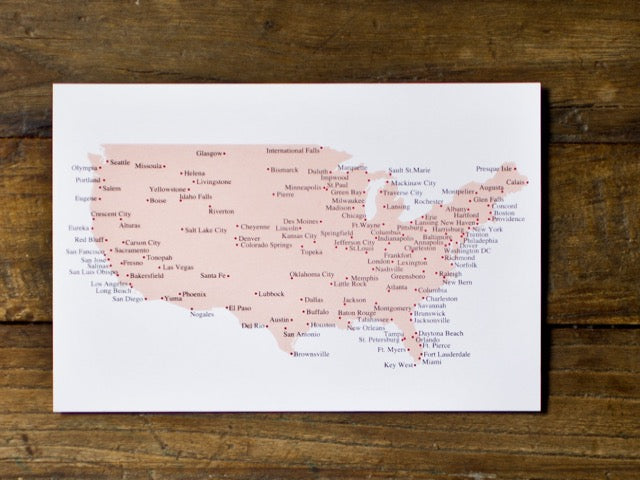US stitching travel postcard with needle and thread