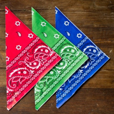 paper party popcorn cones in a bandana print available in red, green, and blue