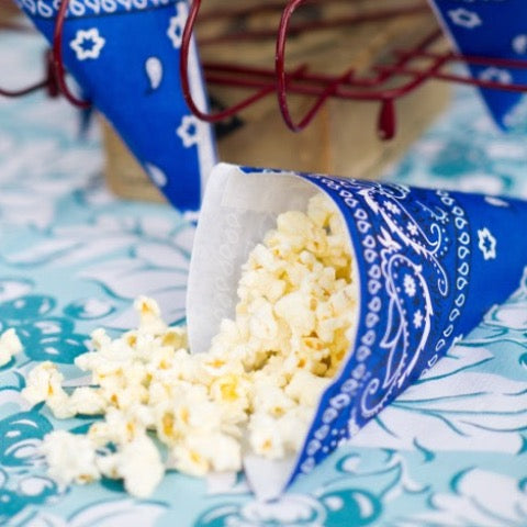 blue paper party popcorn cones in a bandana print