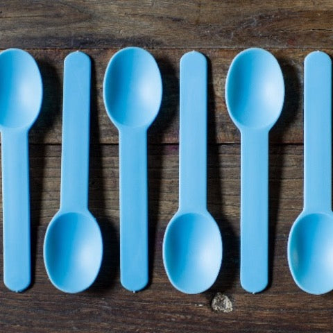 blue chunky plastic disposable full size party spoons
