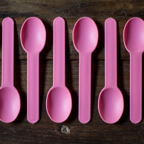 pink chunky plastic disposable full size party spoons