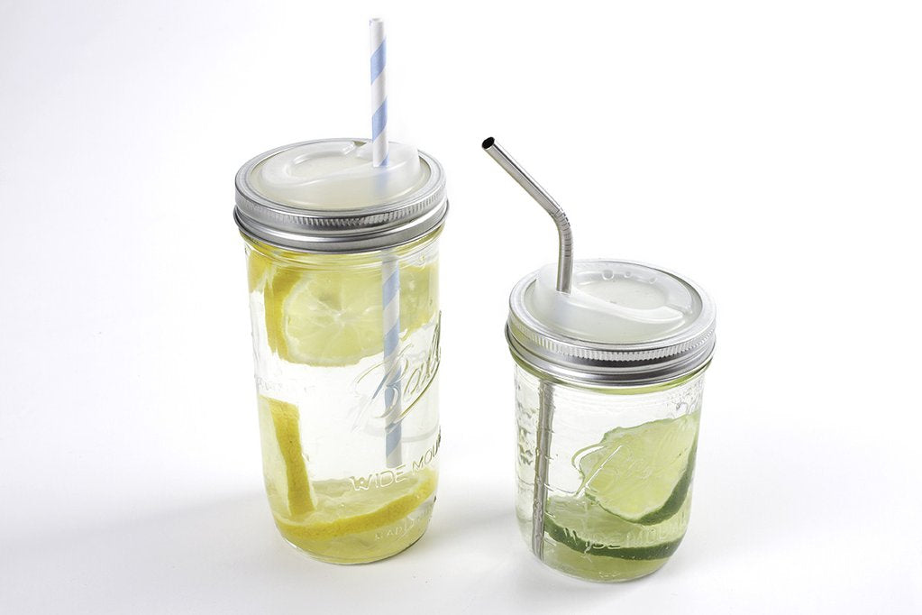eco Cuppow mason jar drink lids in standard and wide mouth sizes for drinking infused water
