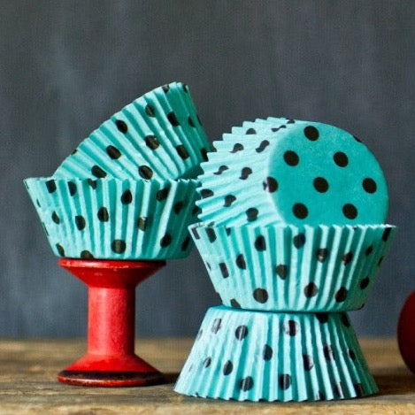 turquoise and brown polka dot paper cupcake liners
