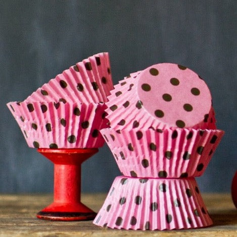 hot pink and brown polka dot paper cupcake liners