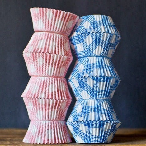 light pink and baby blue plaid cupcake liners for baby shower party supplies