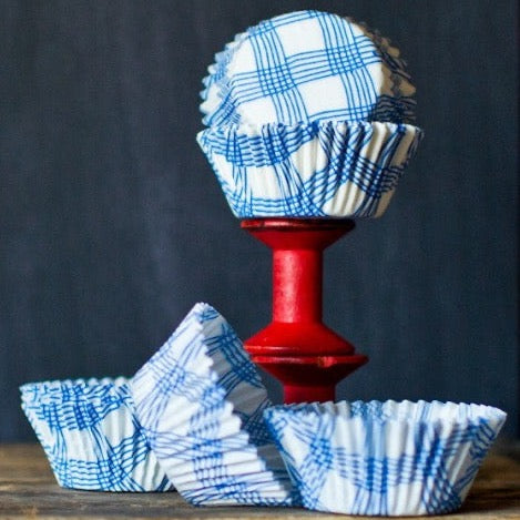 baby blue and white plaid cupcake liners for baby shower party supplies