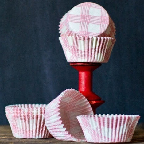 light pink and white plaid cupcake liners for baby shower party supplies