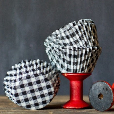 black and white gingham paper cupcake liners for Halloween