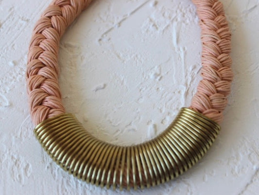 peach braided collar necklace with gold metal trim