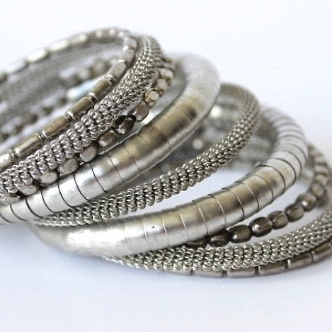 silver metallic beaded coil wrap bracelet
