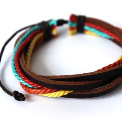 colorful rope and brown leather layered wrap bracelets
