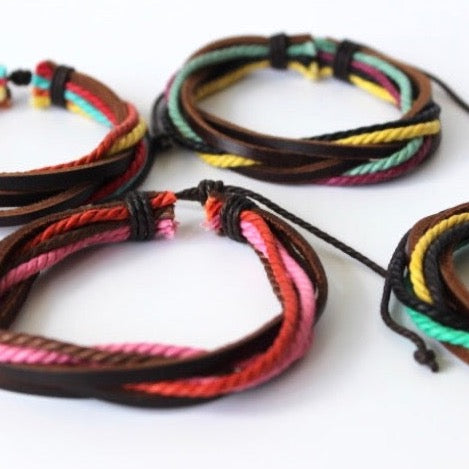 colorful rope and brown leather layered wrap bracelets