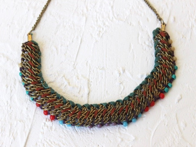 beaded and knotted crocheted collar necklace