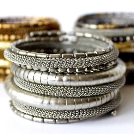 gold, silver, and mixed metal metallic beaded coil wrap bracelet