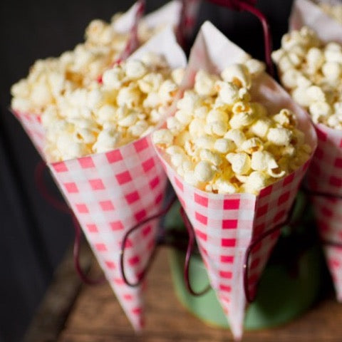 gingham paper party popcorn cones available in pink and red and white
