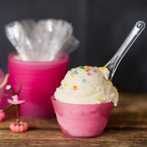 clear plastic taster spoons with pink plastic ice cream bowl and ballerina cupcake toppers