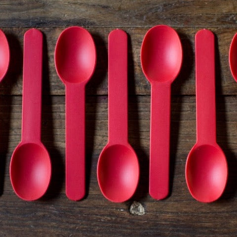 red chunky plastic disposable full size party spoons