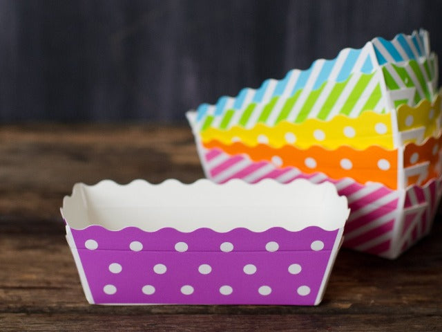 small disposable polka dot purple patterned paper disposable loaf baking pans 