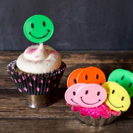 bright fluorescent happy face 60's cupcake toppers party supplies