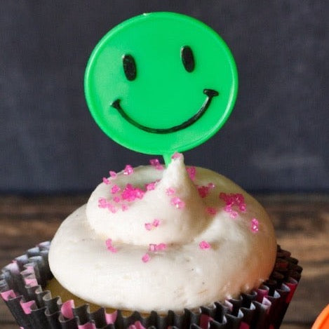 bright fluorescent lime green happy face 60's cupcake toppers party supplies