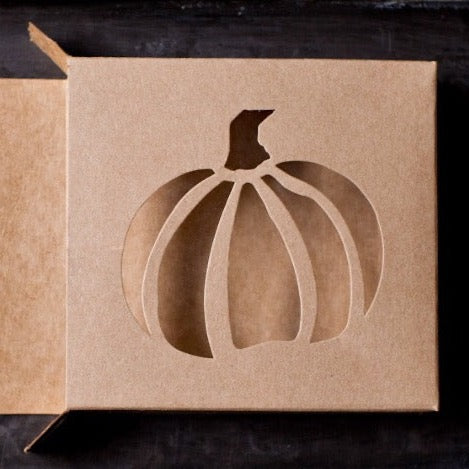 individual tan kraft cardboard cookie boxes with pumpkin cutout window for packaging baked goods