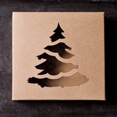 individual tan kraft cardboard cookie boxes with tree cutout window for packaging baked goods