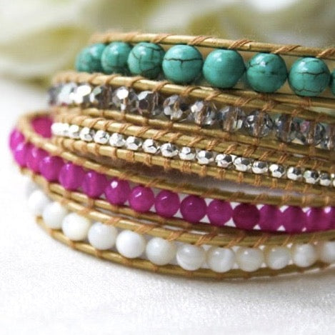 turquoise, pink, white, and silver beaded 5 wrap bracelet