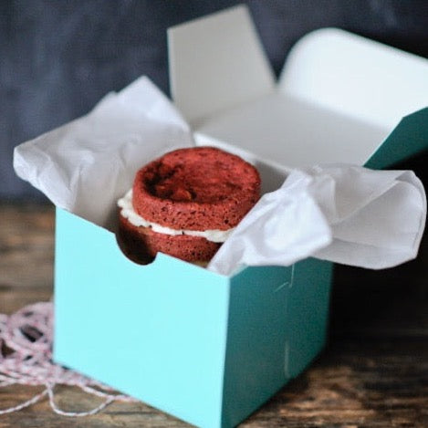 turquoise 4x4 square bakery box filled with whoopie pies