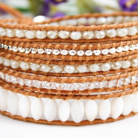 white, grey, and silver beaded 5 wrap bracelet